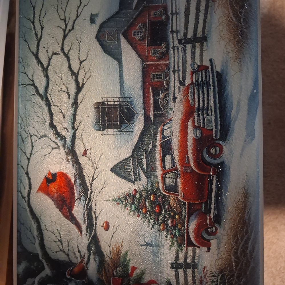 Vintage Winter Scene Painting with Red Truck